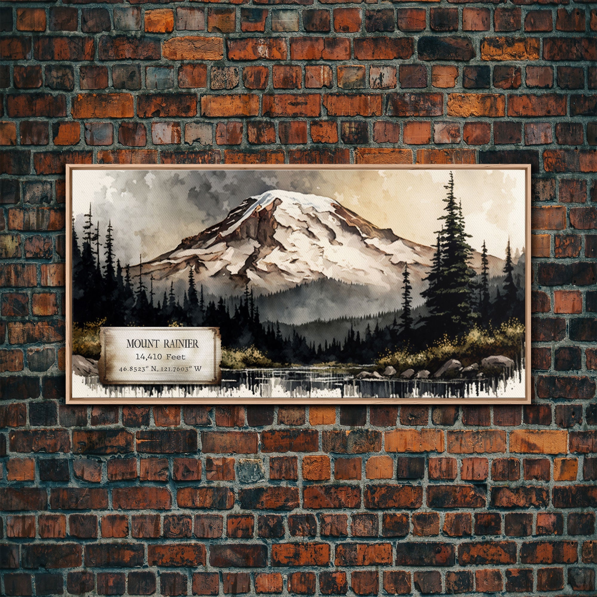 Mount Rainier, Travel Poster Wall Art, Framed Canvas Print, American Mountains, Mountain Landscape Painting