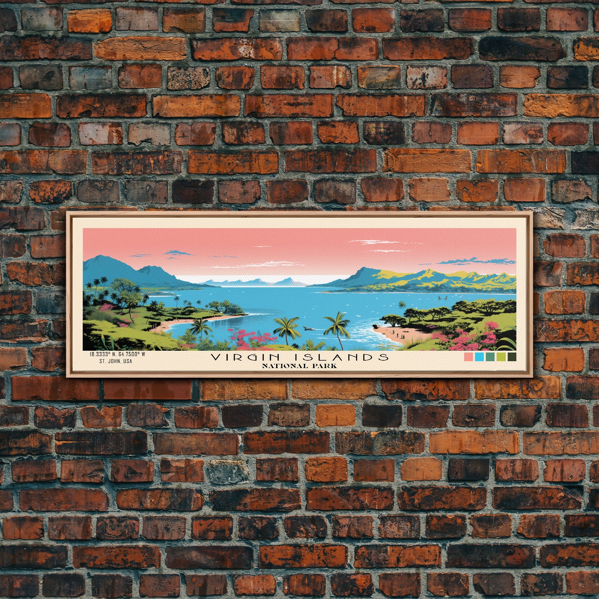 Virgin Islands National Park Panoramic St John Travel Art, National Park Print, Minimalist Travel Art, Subdued Watercolor Painting Panoramic