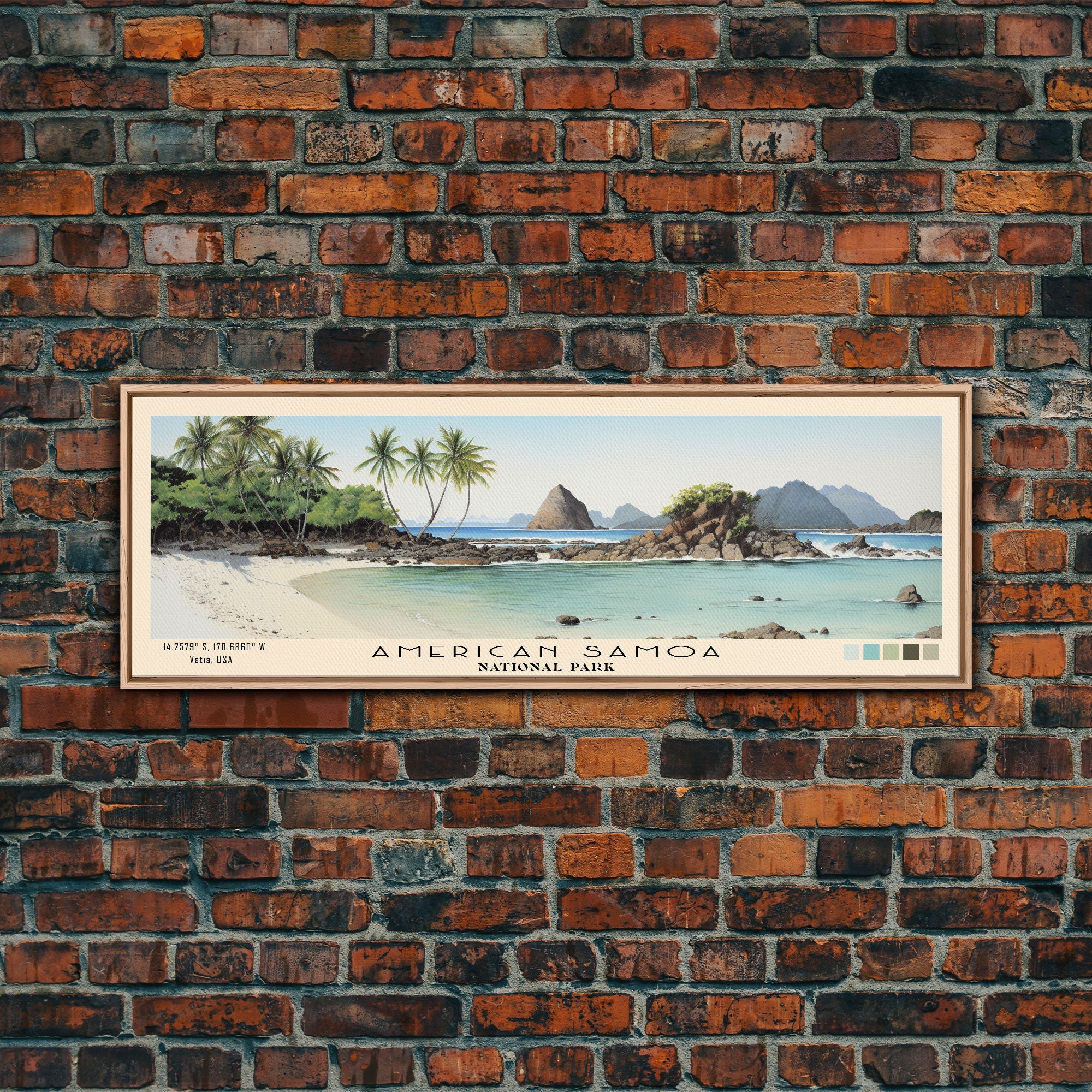 American Samoa National Park Panoramic Vatia Travel Art, National Park Print, Minimalist Travel Art, Subdued Watercolor Painting Panoramic