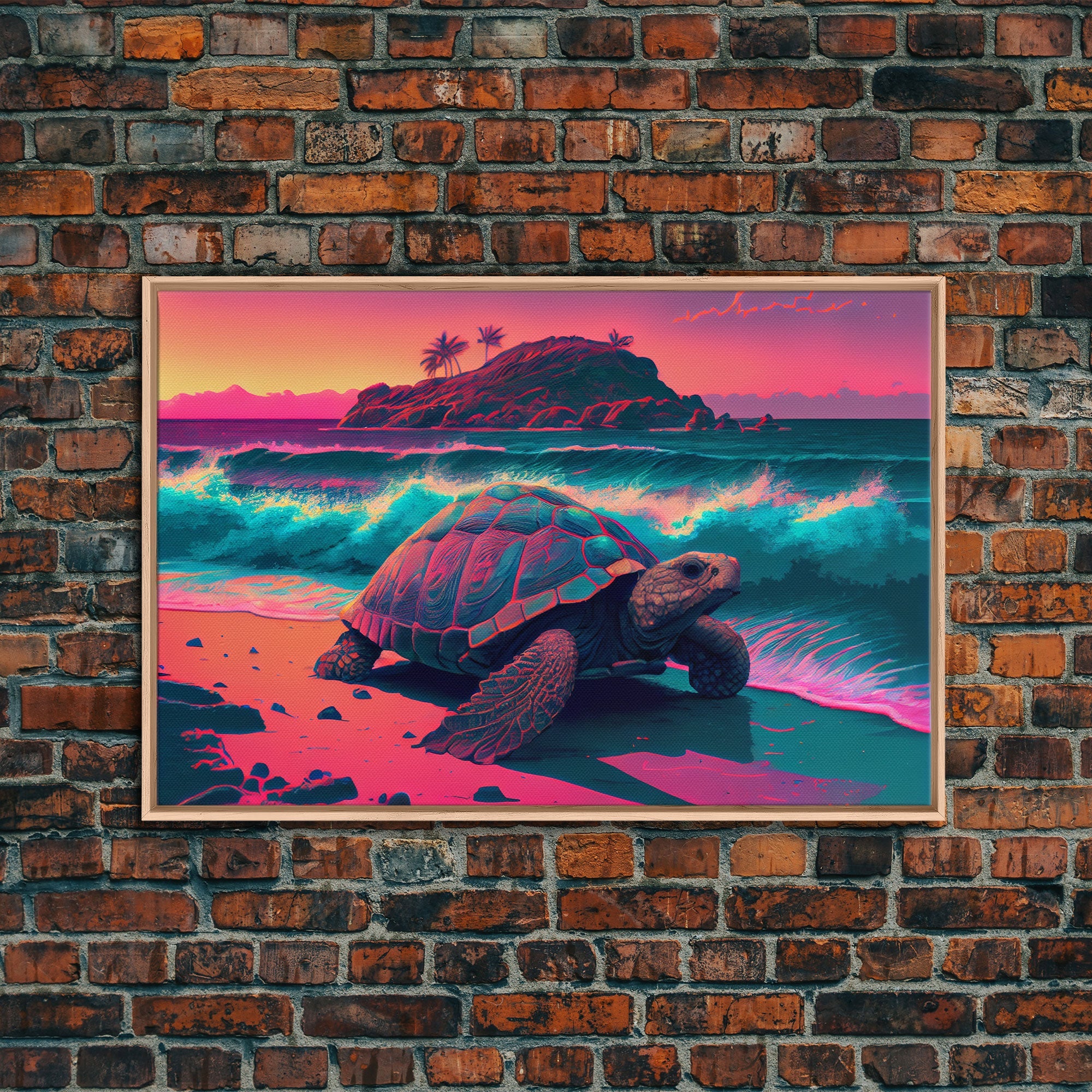 Sea Turtle On Seashore Beach Ocean Sea Sunset Blue Pink Fine Art Print, Wall Art Print, Wall Poster, Wall Decor