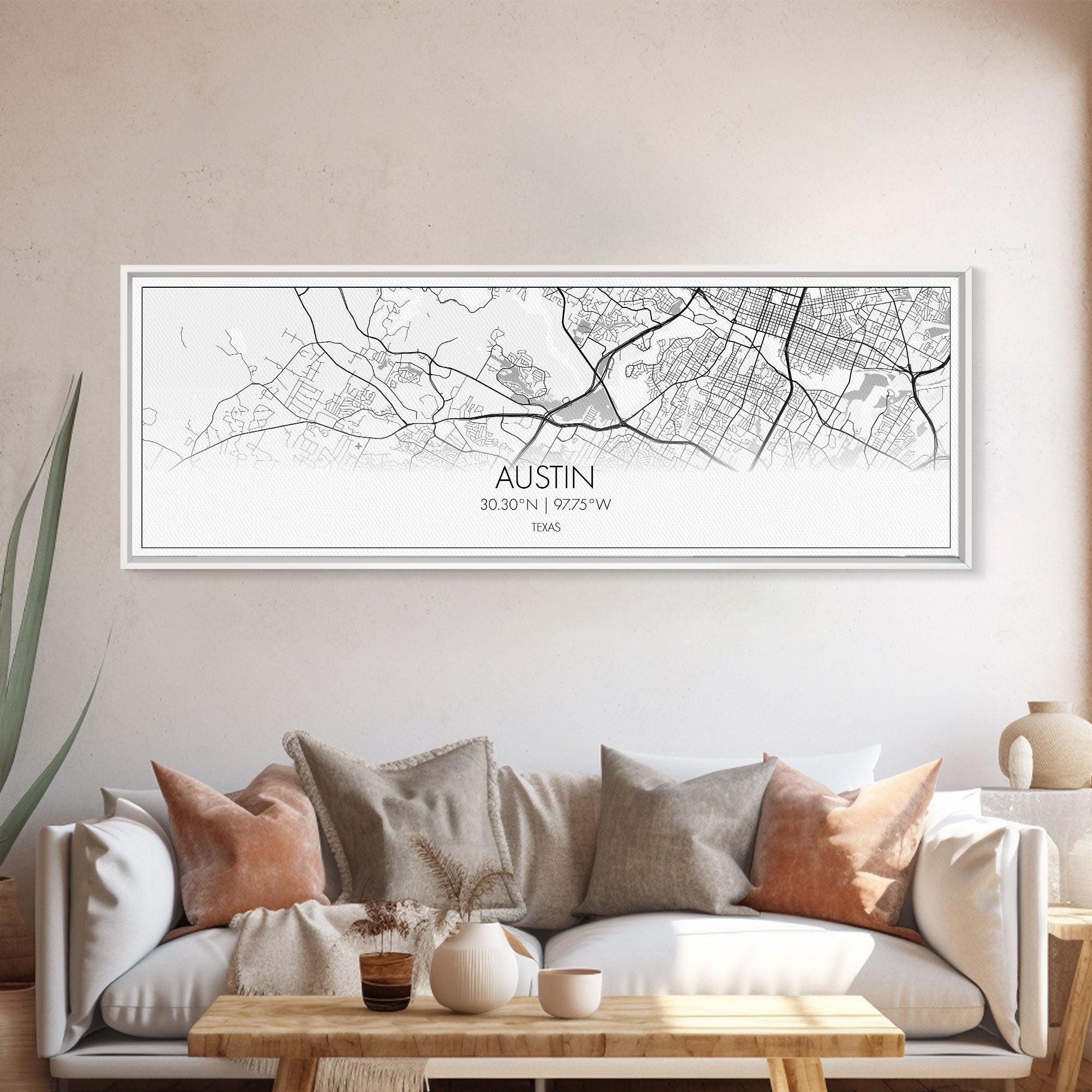 Panoramic Austin City Map, Texas Art, Map Print, Minimalist Wall Art, Canvas Art, Housewarming Gift, Street Map Art, Closing Gift