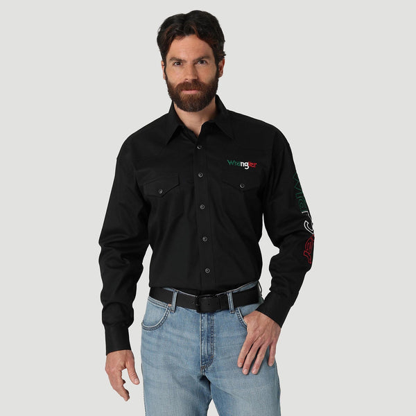 Wrangler® Men’s Western Mexico Logo Snap-Front Long Sleeve Work Shirt