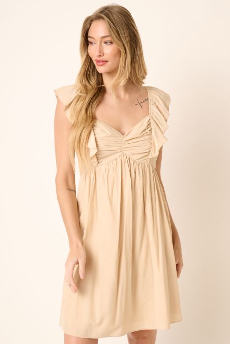 Brittany Gathered Ruffle Sleeve Mini Dress | Sand