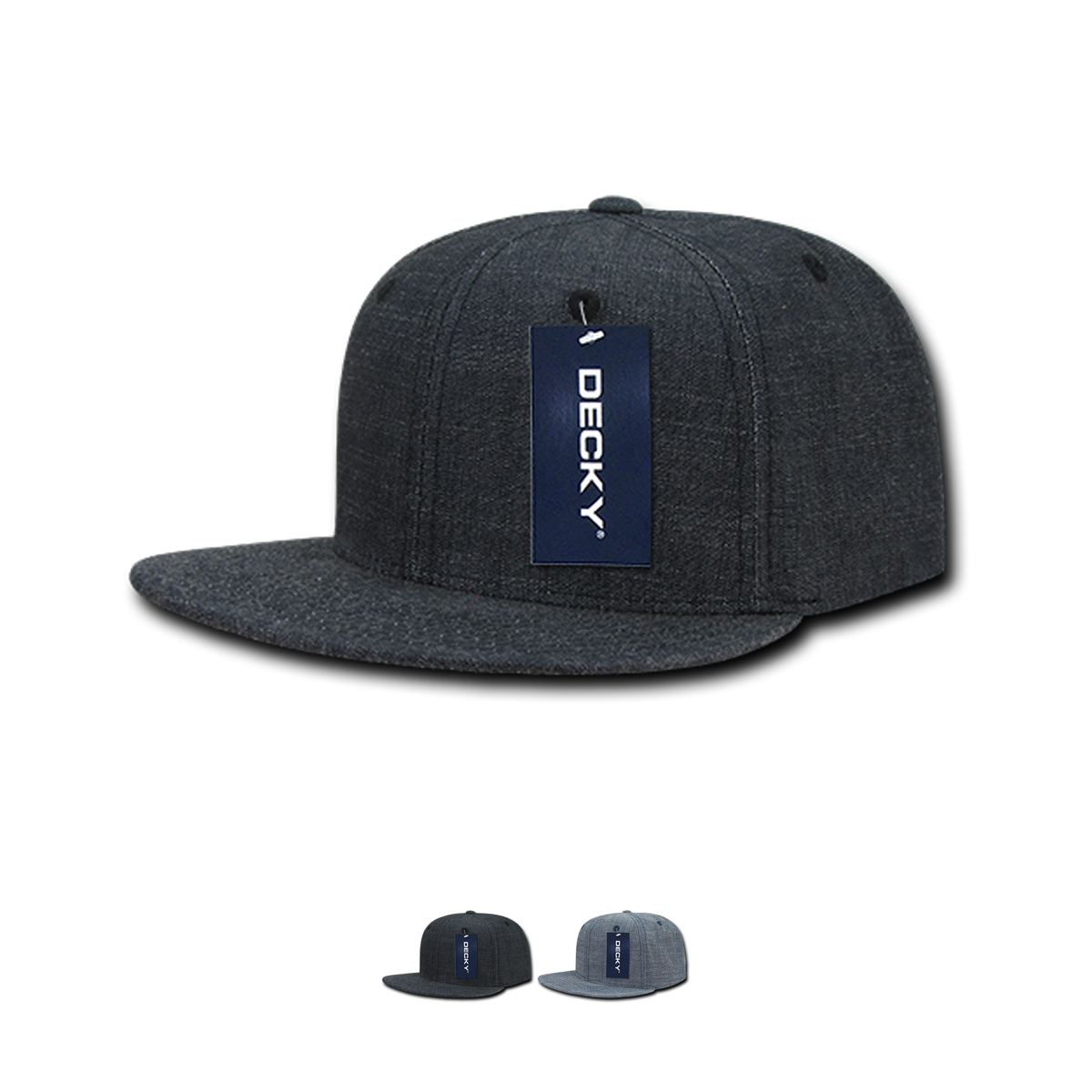 Decky 1094 Washed Denim Snapback Hat, 6 Panel Denim Flat Bill Cap